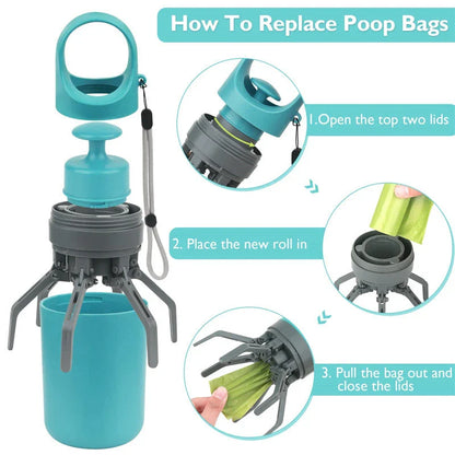 Portable dog poop scooper with claw mechanism and built-in bag dispenser for easy pet waste cleanup