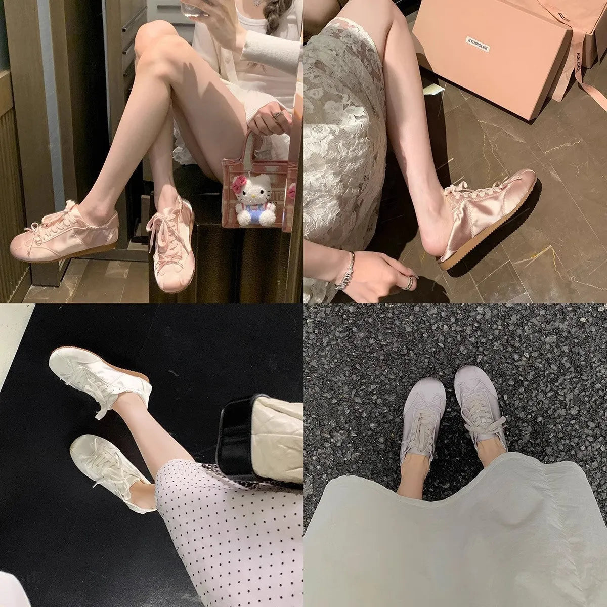 Women's silver grey satin ballet flats with round toe and white lace-up front on a plain background.