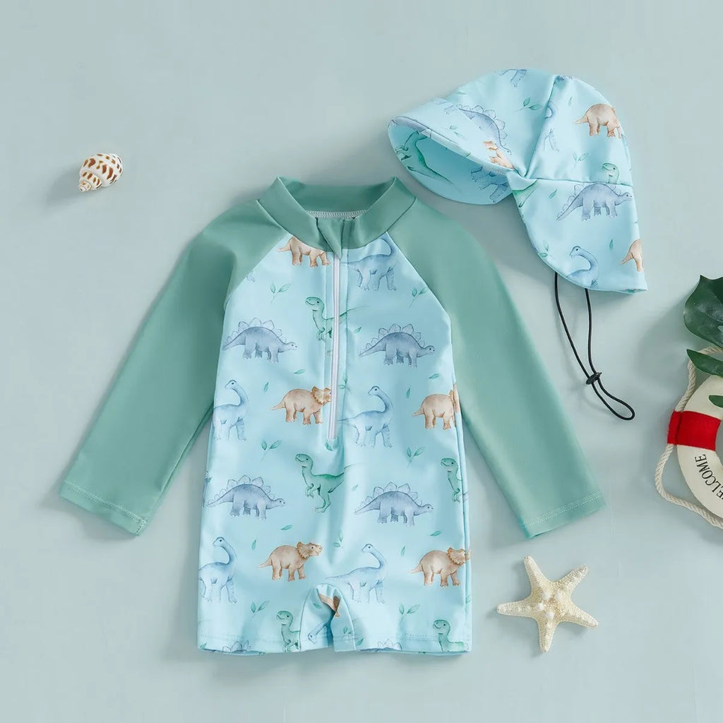 Children's one-piece long sleeve swimsuit with hat, polyester fibre, sizes 70-110, two colour options