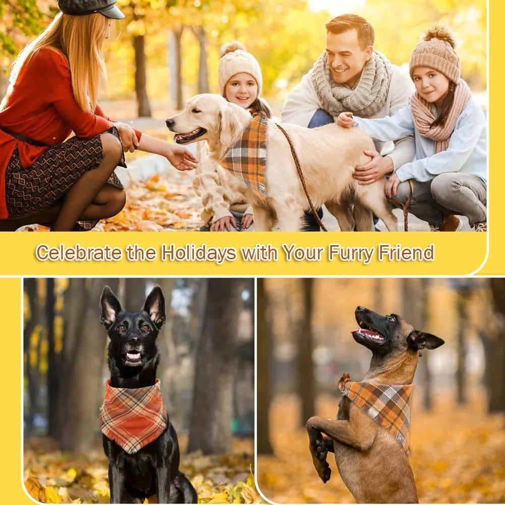 Classic plaid dog bandana with tassel edges in autumn colours on canine