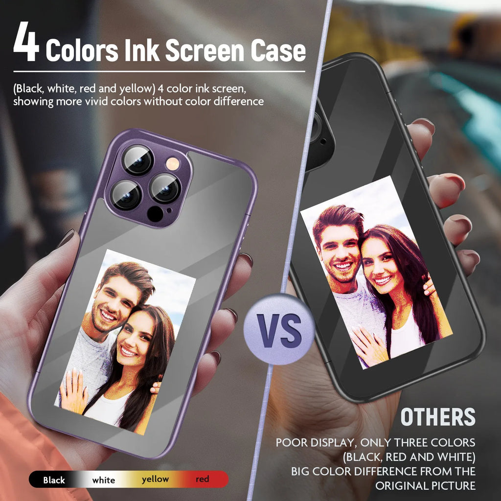 Black plastic flip phone case for iPhone 15 Pro with visible NFC chip and blank ink screen panel for DIY designs.