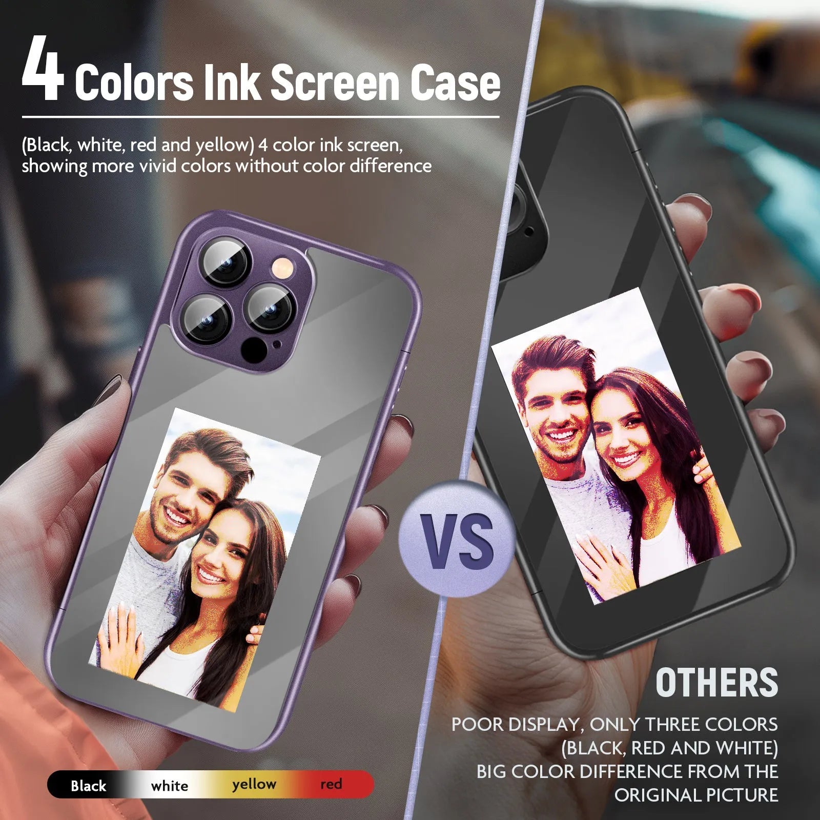 Black plastic flip phone case for iPhone 15 Pro with visible NFC chip and blank ink screen panel for DIY designs.