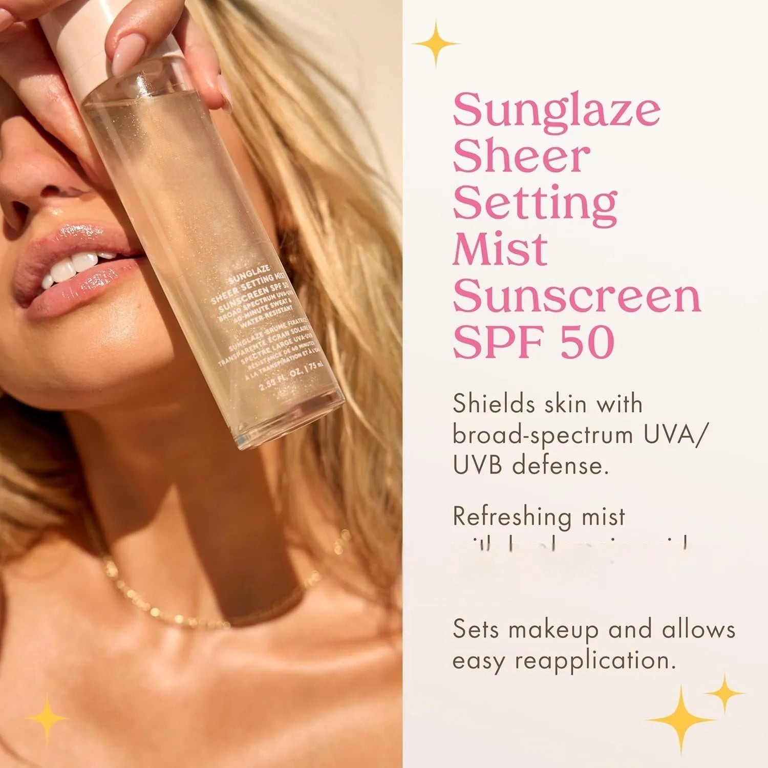 75ml bottle of hydrating facial spray toner on a pink background.