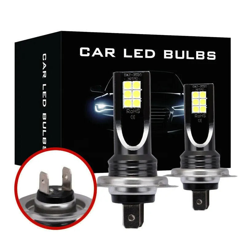 H7 base 110W LED car fog light bulb with white aluminium body and twelve SMD chips.