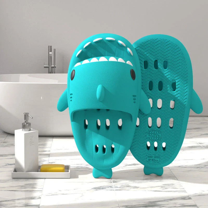 Shark-themed shower slides with drainage holes for women, featuring a realistic design, comfortable EVA material, and anti-slip features.