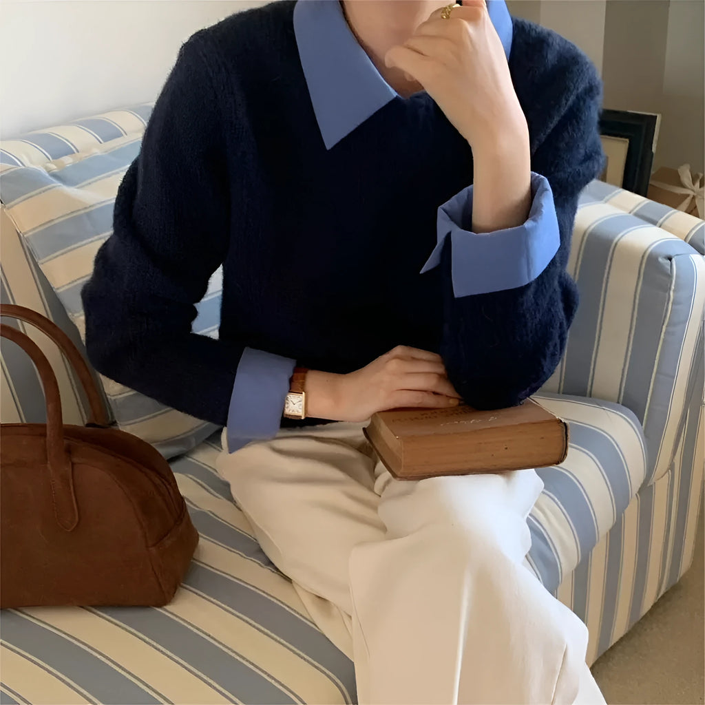 Women's loose-fitting knit top with contrast colour lapels in seven colour options