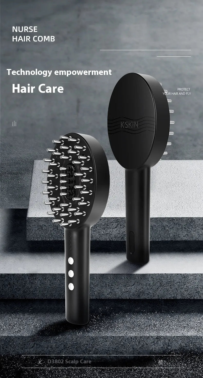 KD3802 Black coloured handheld scalp massager with vibration function and USB charging cable.