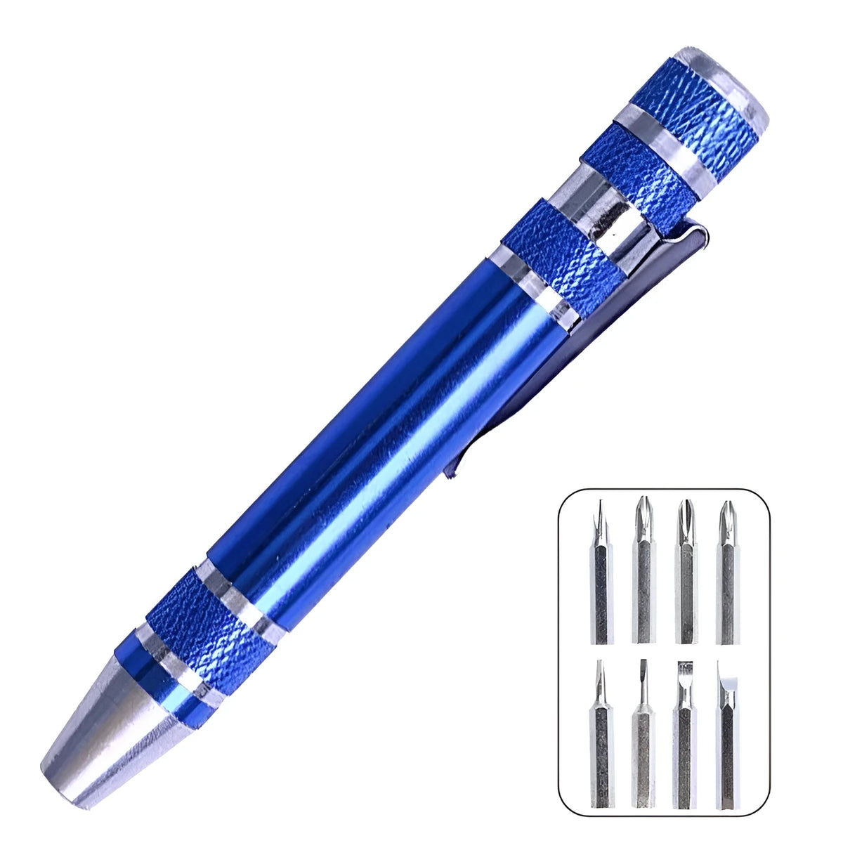 Aluminium alloy pen-style 8-in-1 screwdriver set with multiple bits and 107mm shaft.