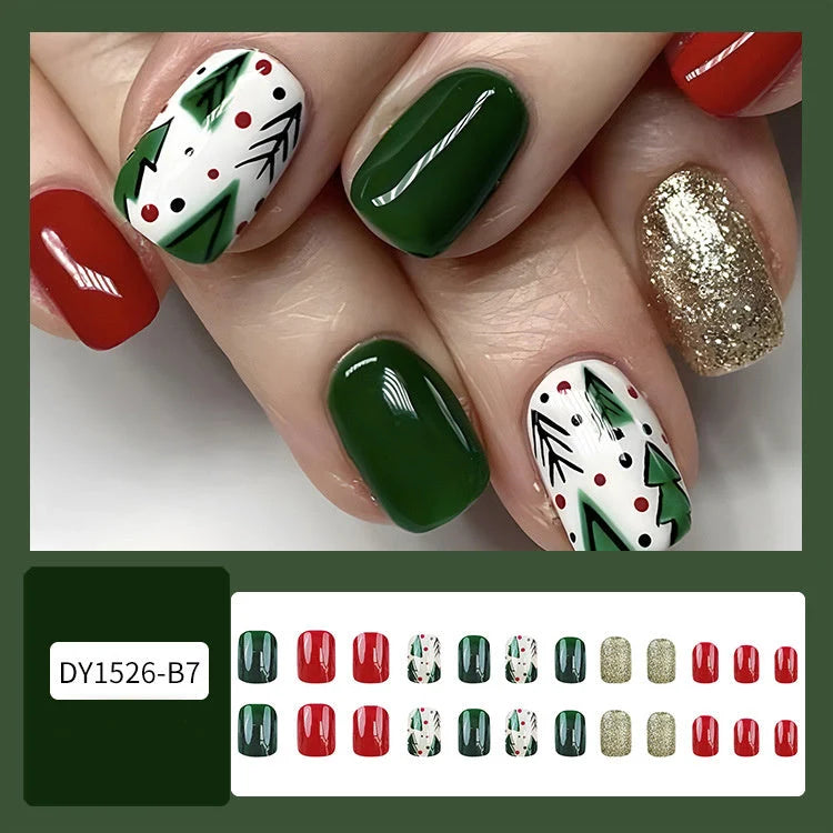Christmas false nails with festive hat, striped, and snowflake designs for holiday parties