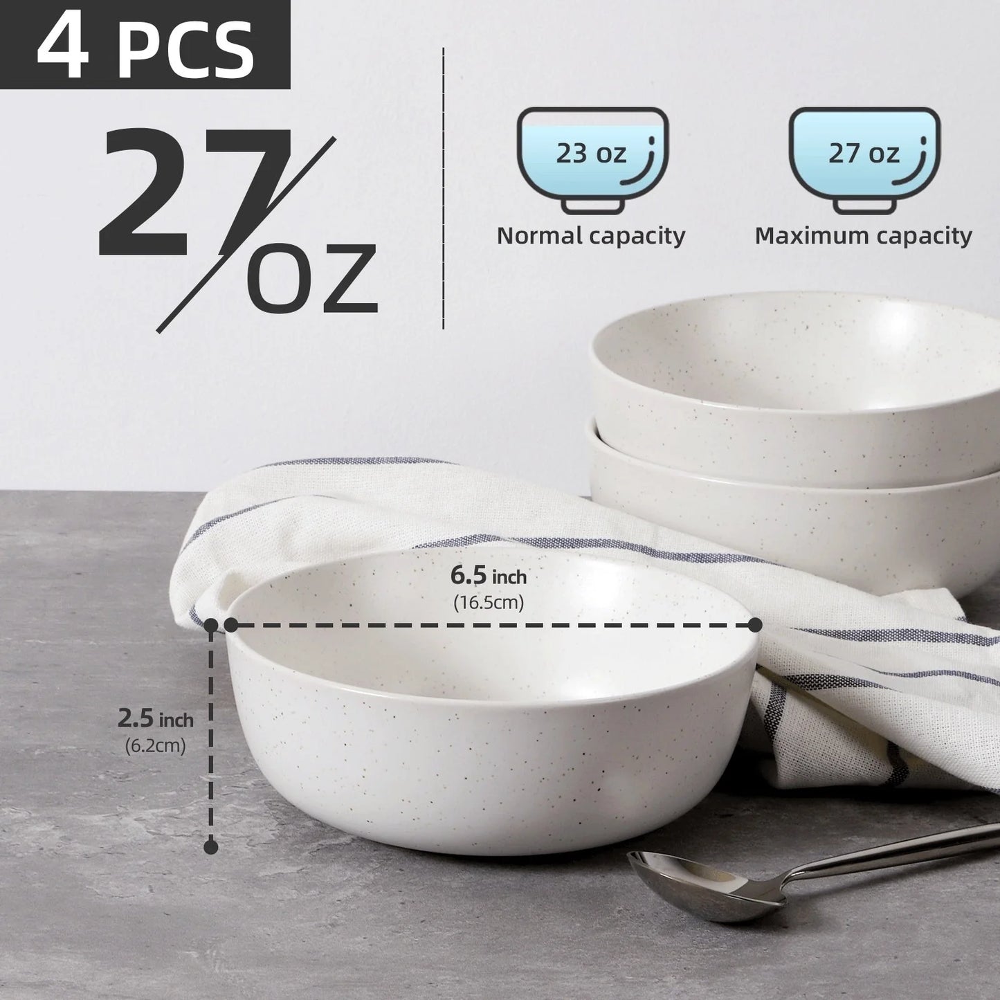 Set of 4 ceramic kitchen bowls, 27oz each, in grey and white, microwave and oven safe