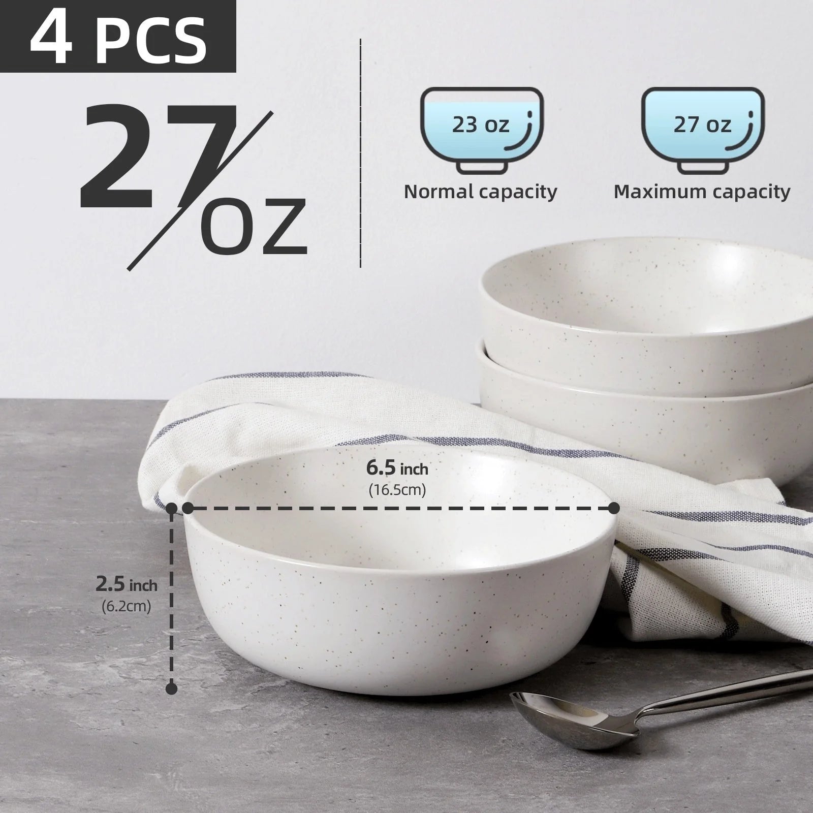 Set of 4 ceramic kitchen bowls, 27oz each, in grey and white, microwave and oven safe