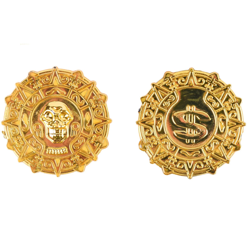 Plastic pirate gold coin toy with pointed tip measuring 3.6cm diameter