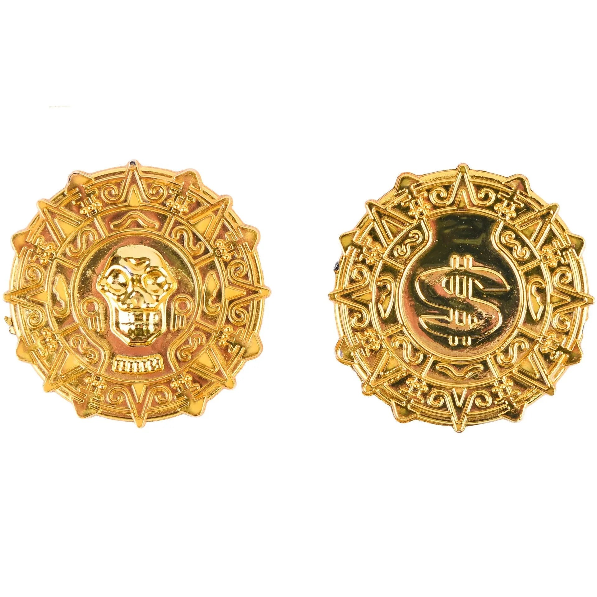 Plastic pirate gold coin toy with pointed tip measuring 3.6cm diameter