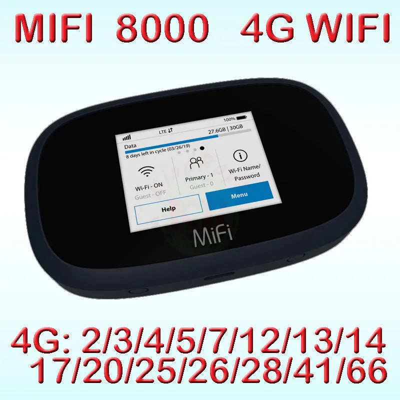 Black MiFi8000 portable 4G wireless router with compact rectangular design on a white background.