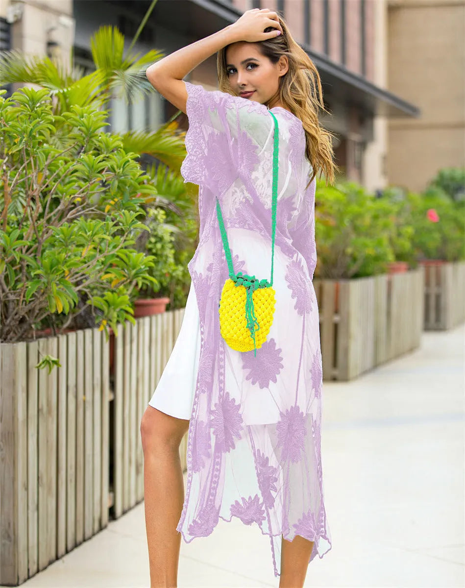 Light purple beach dress with lace embroidery detail, cardigan blouse style swim cover-up