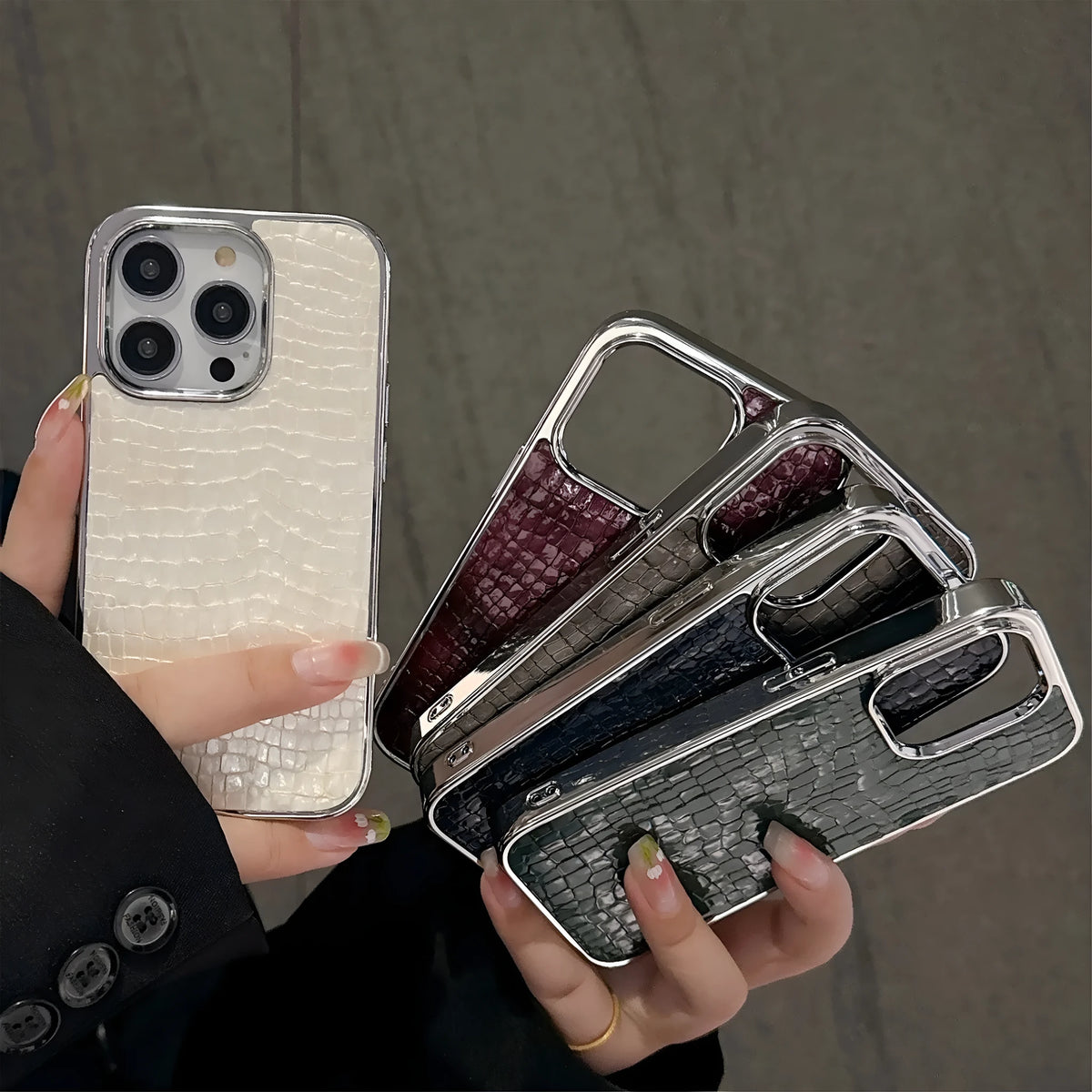 Advanced anti-fall phone case for iPhone 11-16 series, glossy crocodile pattern imitation leather, black colour