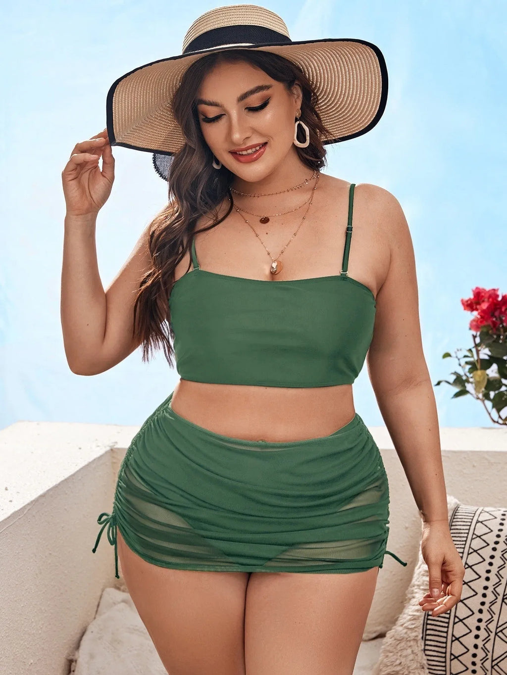 Women's pure colour mesh bikini three-piece set showing top, underwear, and apron accessory.