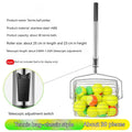 Stainless steel roller tennis ball picker with adjustable collection basket on tennis court
