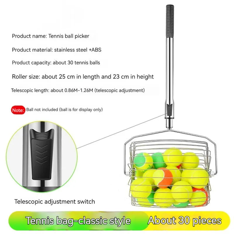 Stainless steel roller tennis ball picker with adjustable collection basket on tennis court