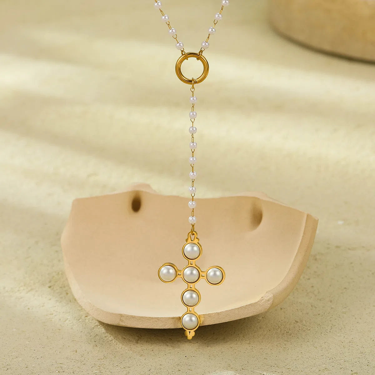18K electroplated stainless steel cross pendant pearl necklace for women adjustable 41-50cm chain