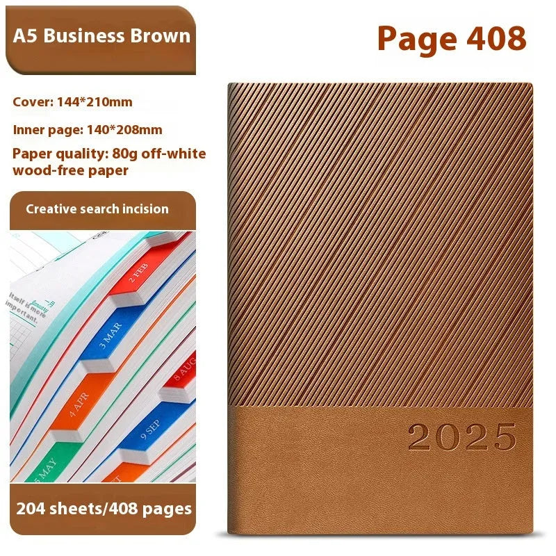 A4 business notepad with striped PU leather cover showing eight colour options including Bean Green, Black, and Sapphire Blue