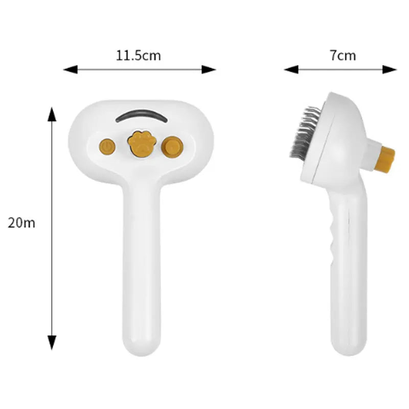 White pet grooming brush with steam spray function and self-cleaning mechanism for dogs and cats