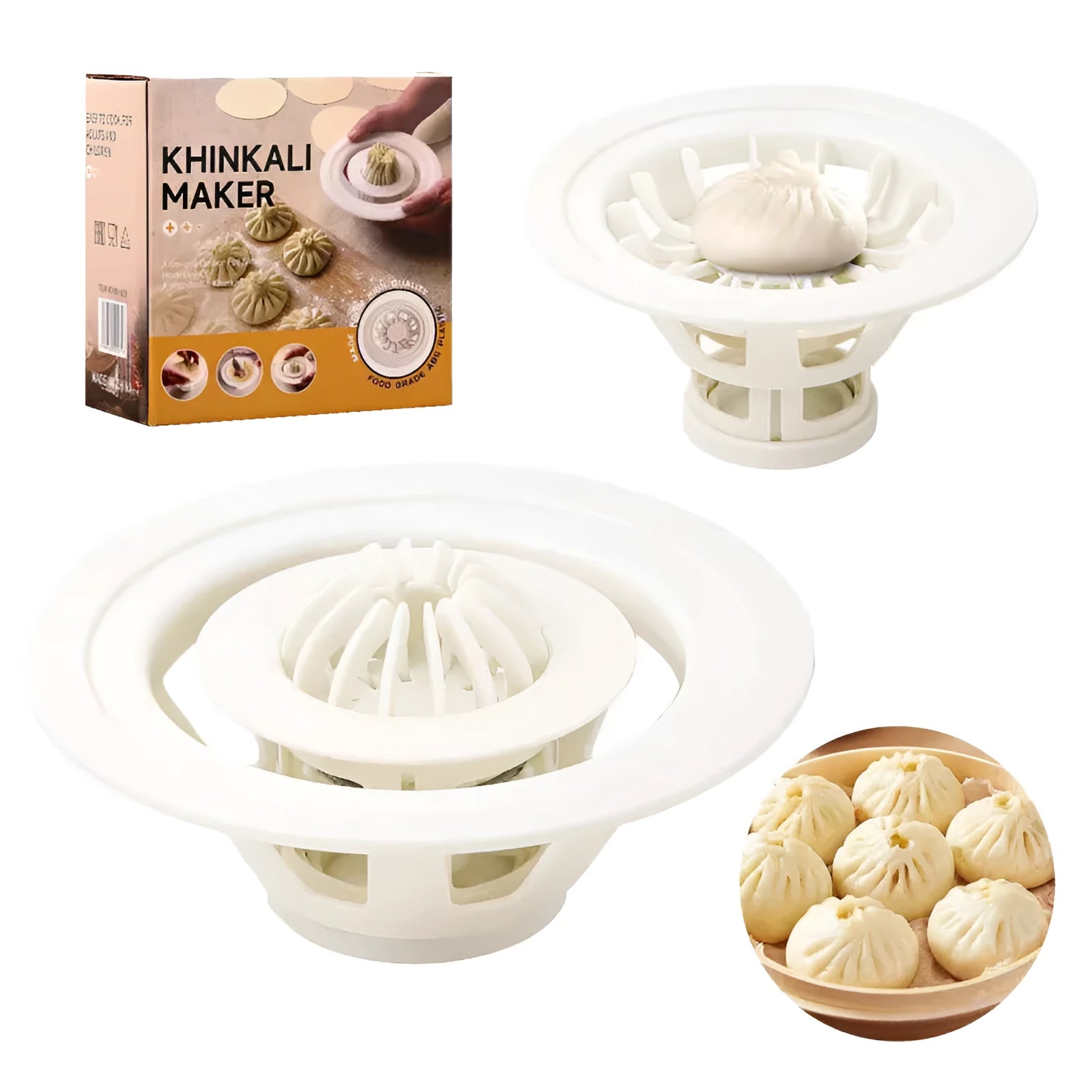 Set of four identical black plastic baozi moulds for shaping steamed buns and dumplings