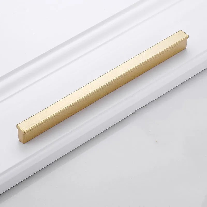 Gold T-shaped aluminium alloy single-hole cabinet handle showing three size options.