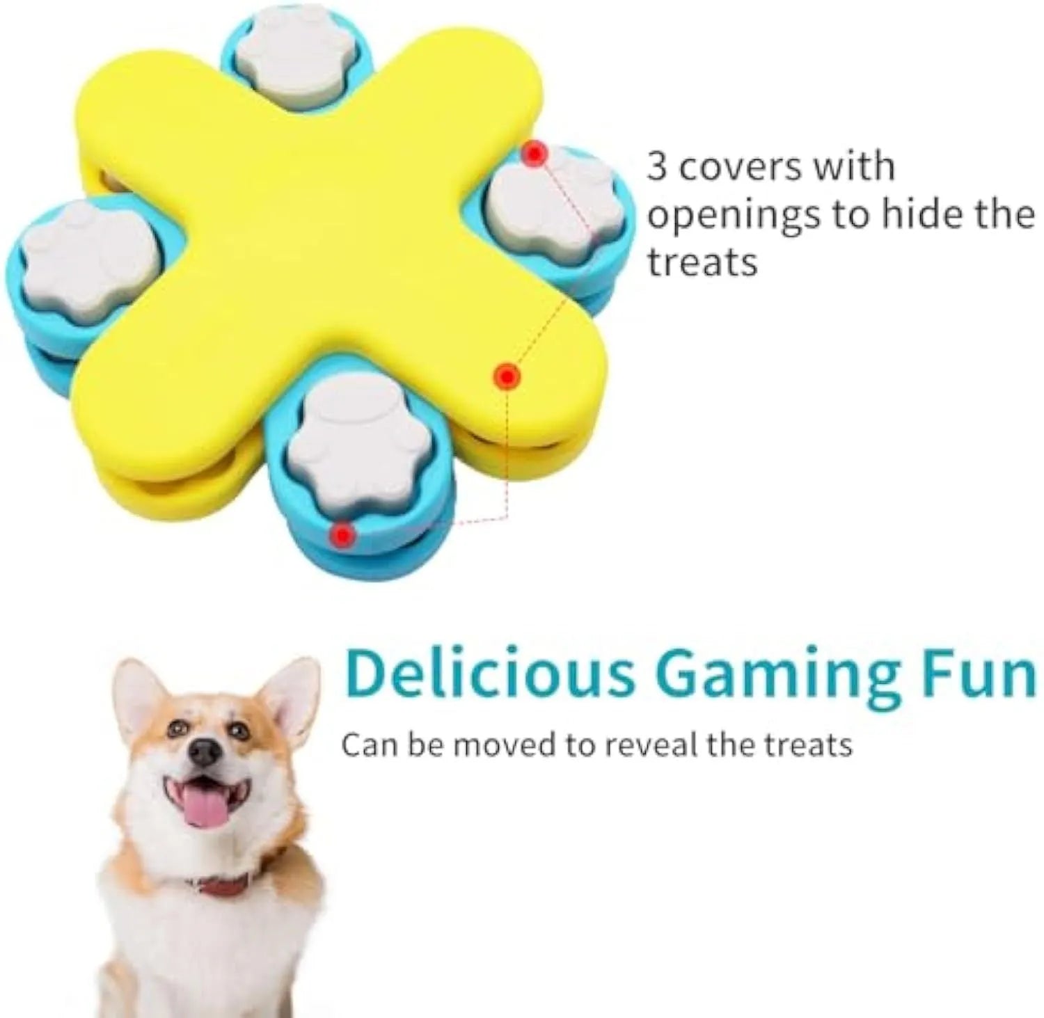 Yellow three-layer rotating dog puzzle feeder toy with claw-shaped lids on an anti-slip base.