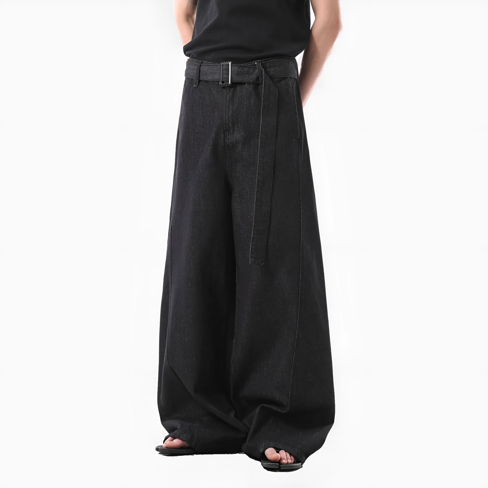 Black women's high-waist straight-leg jeans with gold stitching and a zip fly closure.