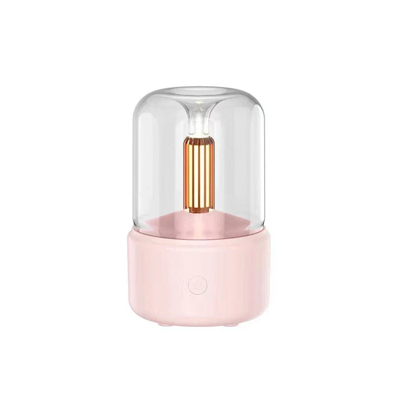 Atmosphere Light Humidifier with candlelight effect and aroma diffuser in beige, black, and pink options