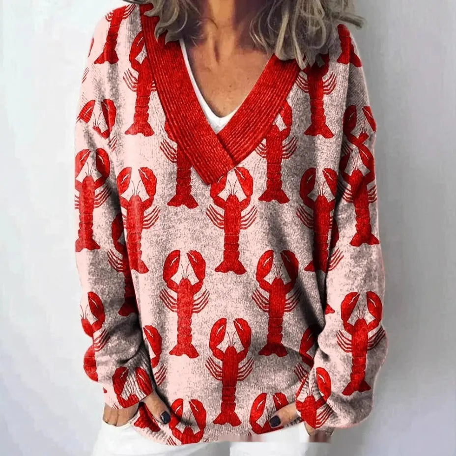 Women's V-neck long sleeve sweatshirt with a detailed 3D floral print in a retro art style.