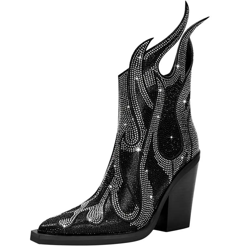 Women's black square toe Martin boots with chunky heels and rhinestone flame decoration, side zipper closure