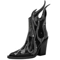 Women's black square toe Martin boots with chunky heels and rhinestone flame decoration, side zipper closure