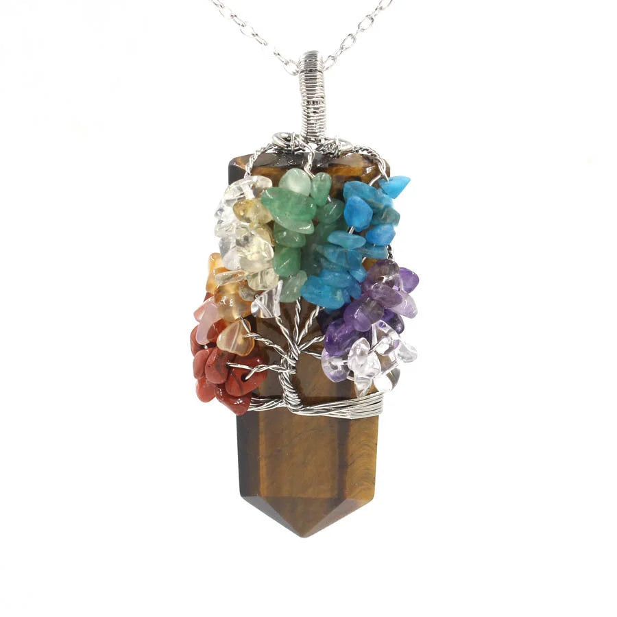 Crystal Column Tree of Life Winding Pendant Necklace in various natural crystal colours