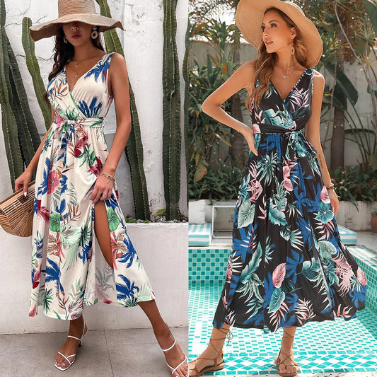 Women's Printed Lace-Up Resort Camisole Dress in black and apricot colours