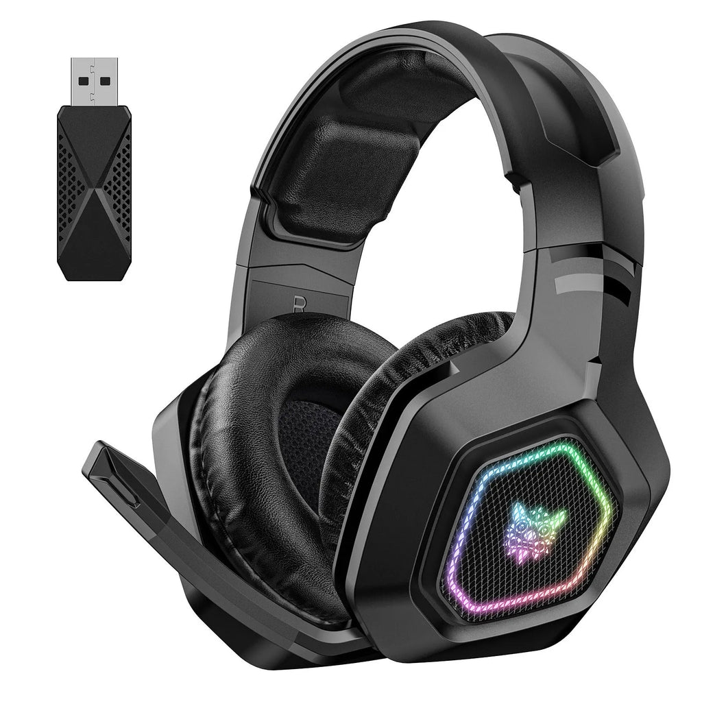 Black and white wireless gaming headset with RGB lighting showing dual connectivity options