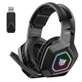 Black and white wireless gaming headset with RGB lighting showing dual connectivity options