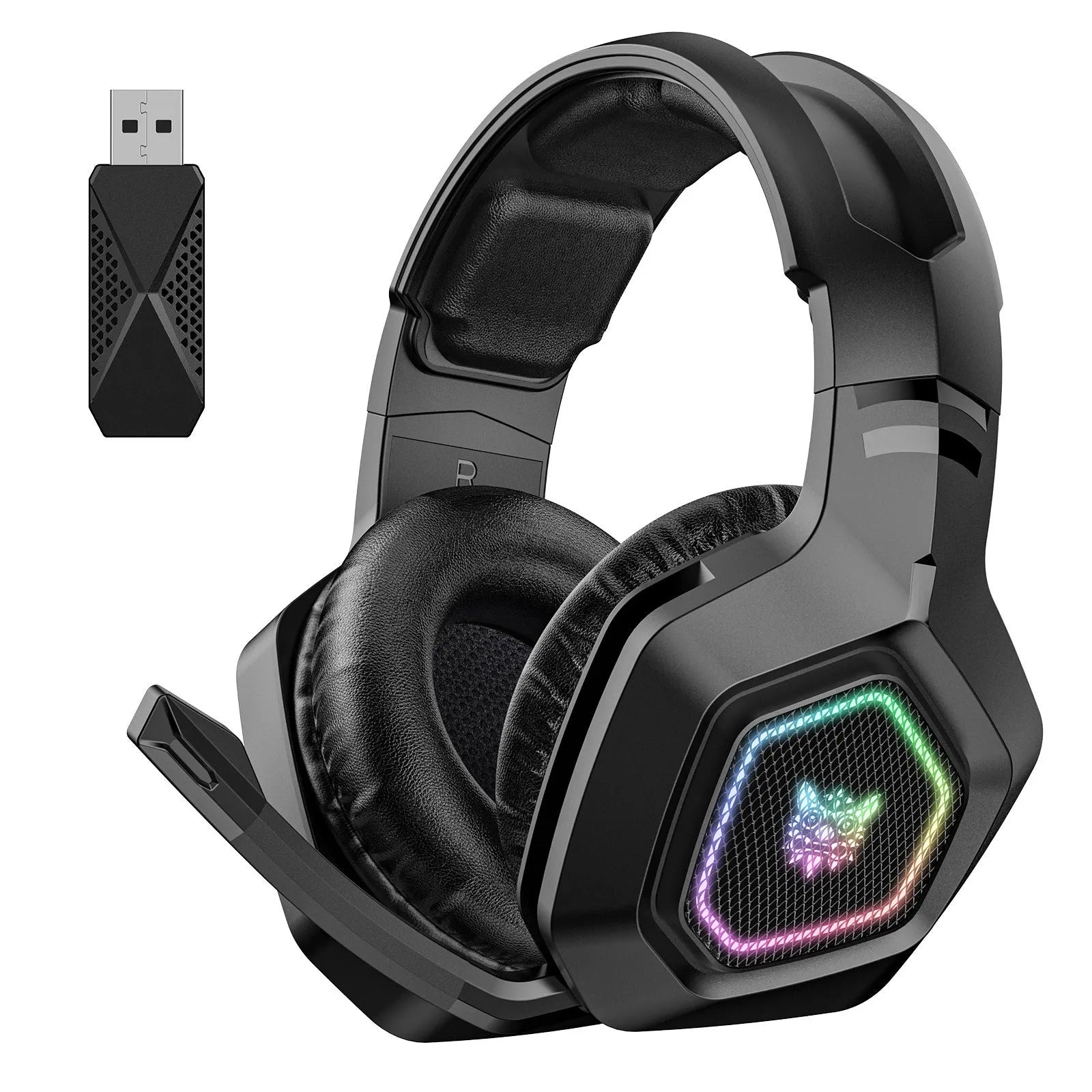 Black and white wireless gaming headset with RGB lighting showing dual connectivity options