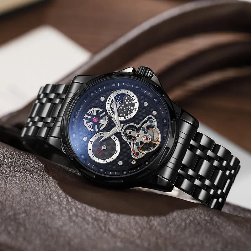 Men's black or white automatic business watch with steel bracelet or leather strap on wrist