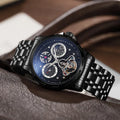 Men's black or white automatic business watch with steel bracelet or leather strap on wrist