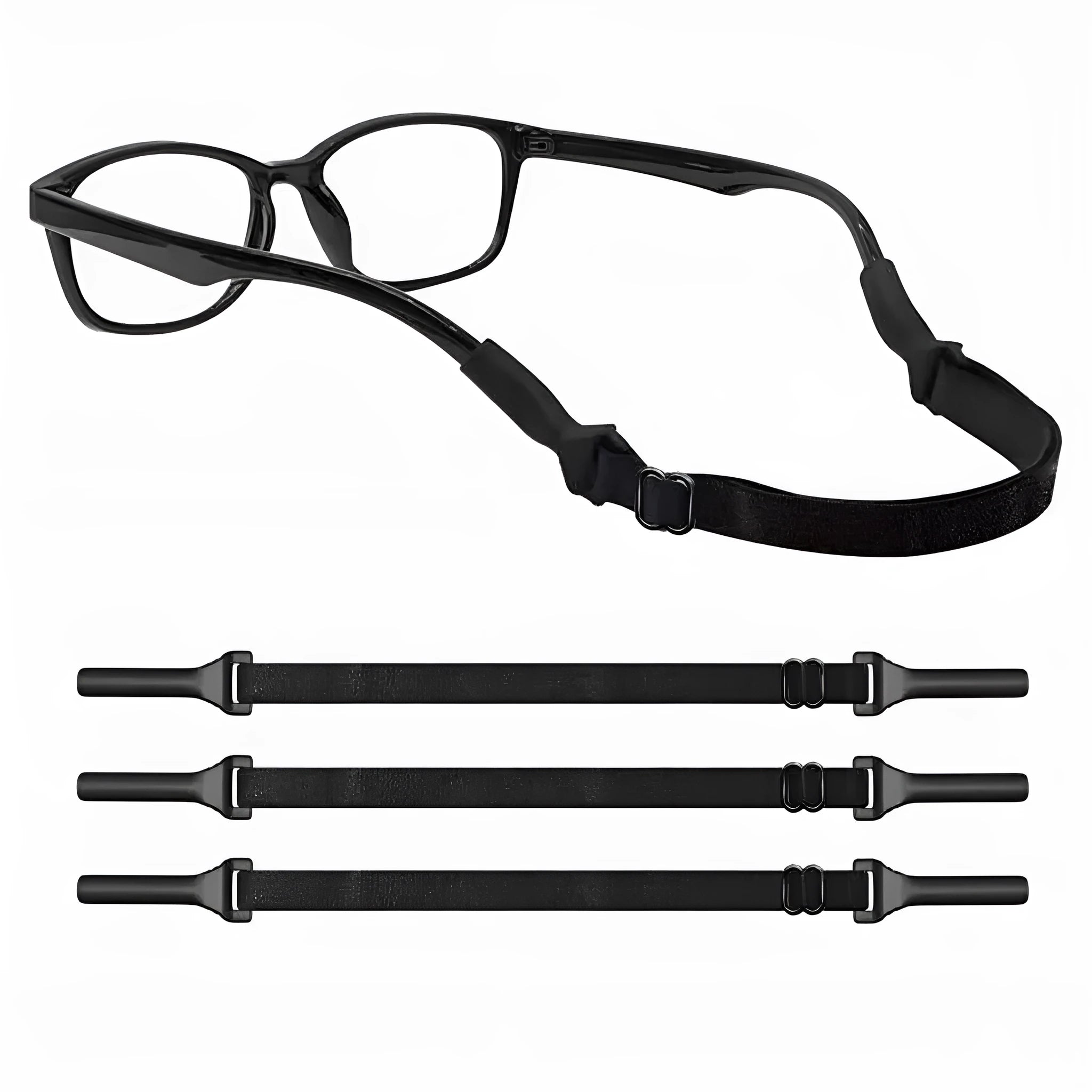 Black adjustable glasses cord with silicone ends for adult and children's eyewear retention