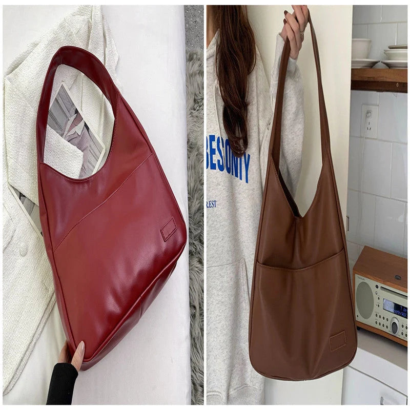 Large capacity PU tote bag for women in brown, black, and white with sewing thread detailing