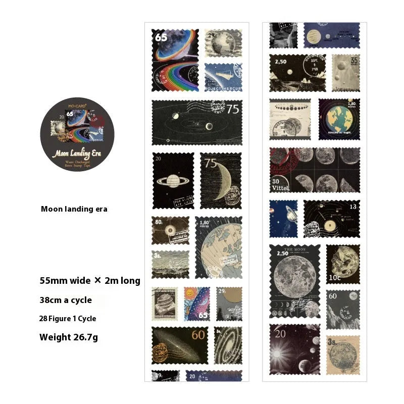 Retro DIY journal decoration coated paper stamp sticker roll showing 55mm width and sample designs from four collections