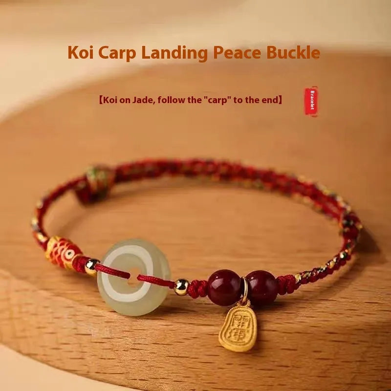 Hetian jade peace buckle bracelet on braided rope in colourful, red, or black options