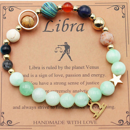 Morgan Stone beaded bracelet with twelve constellation designs, showcasing personalised zodiac signs.