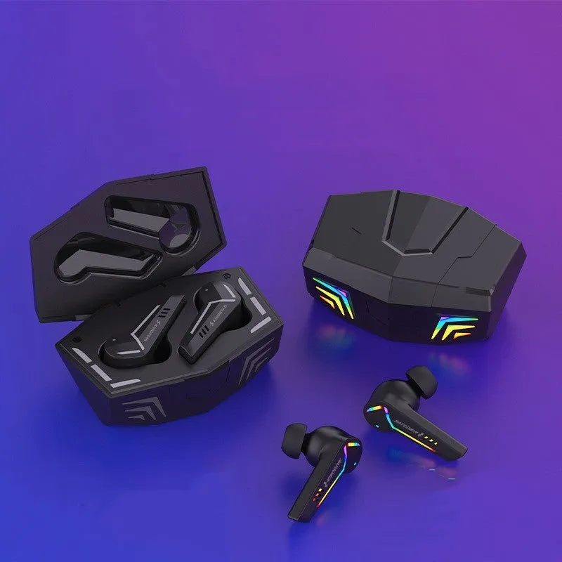 Black wireless TWS Bluetooth sports headset with low-latency gaming audio.
