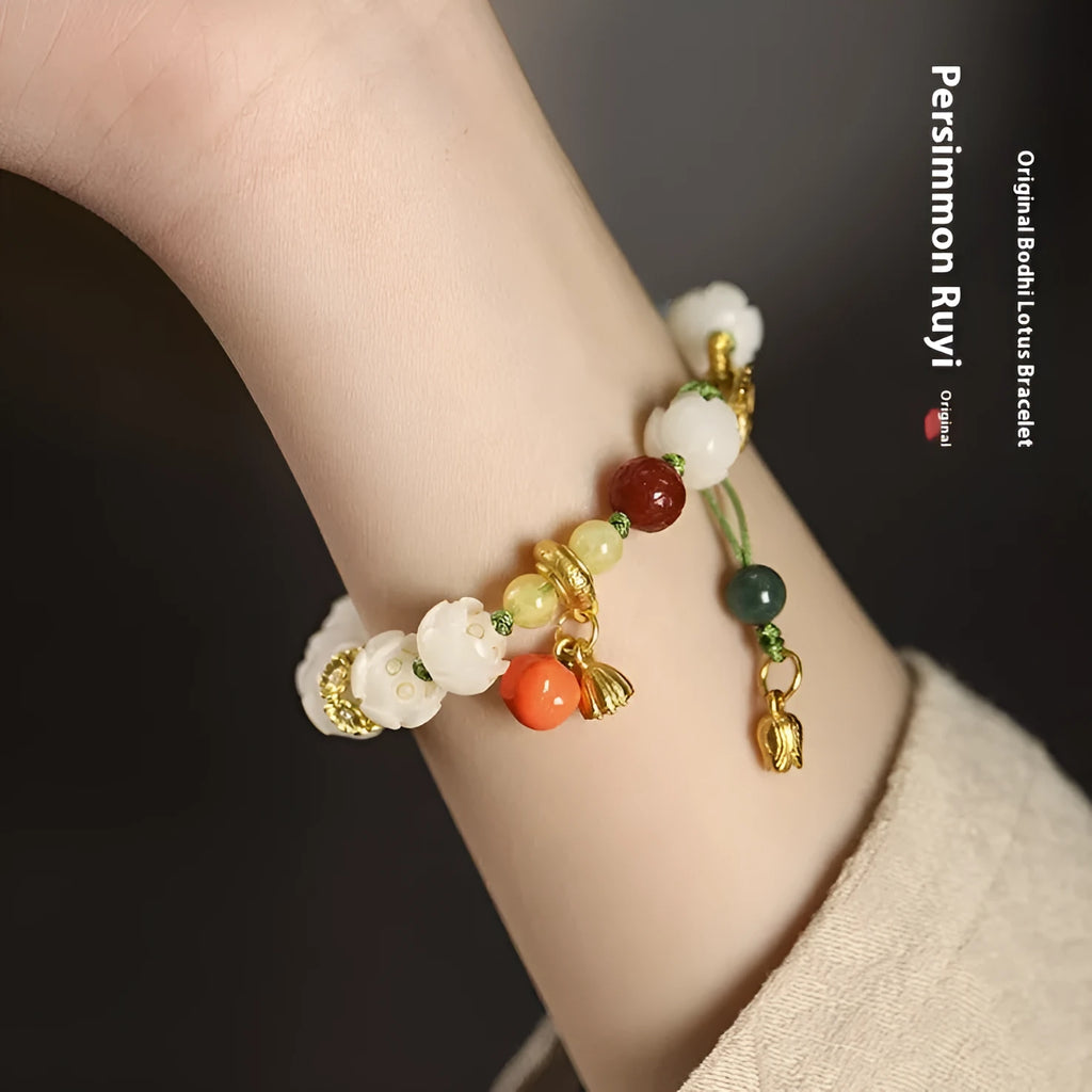 White jade bodhi bracelet with hand-woven lotus and pumpkin beads on open rope