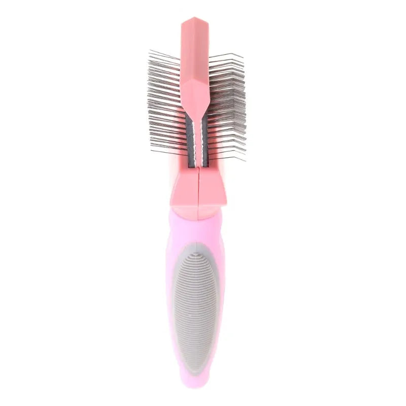 Double-sided pet grooming brush with stainless steel pins and ergonomic handle in blue