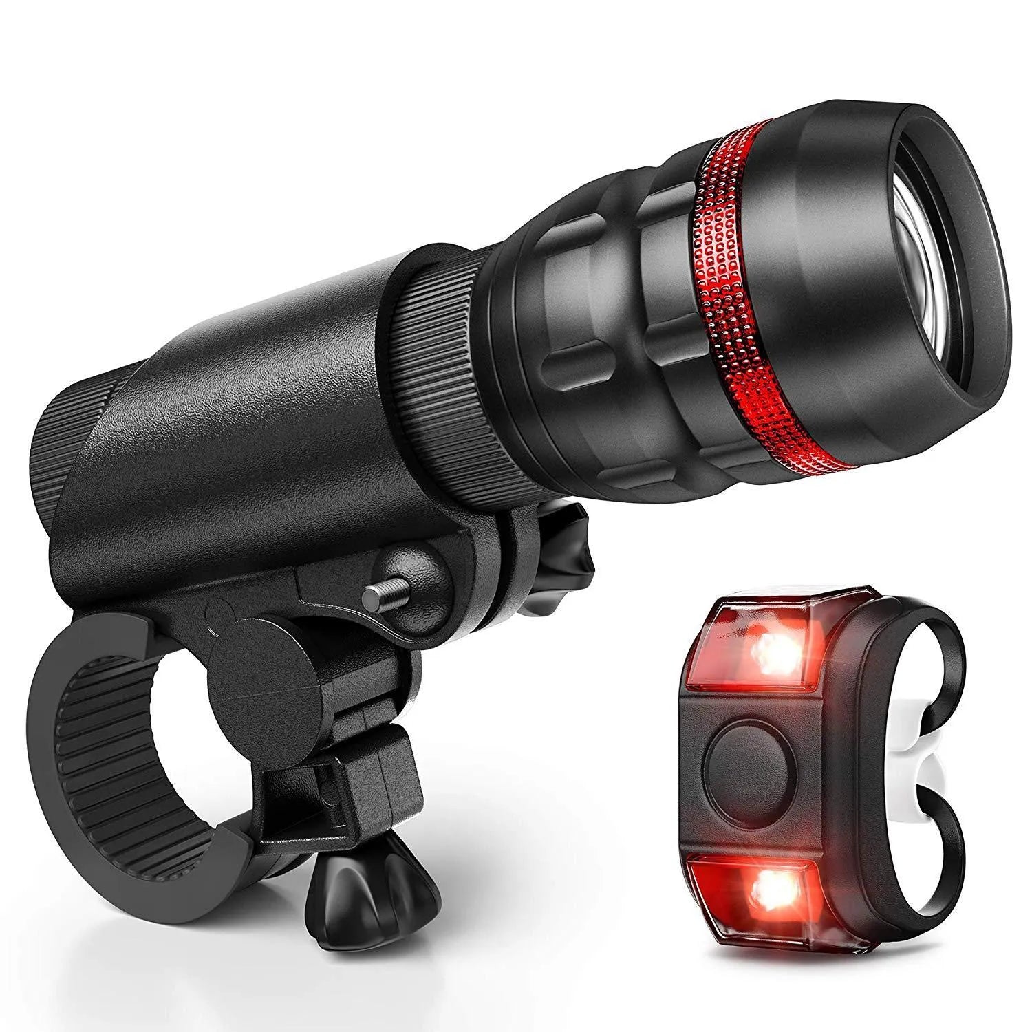 Bicycle headlight and taillight set with handlebar mounting bracket on a bike